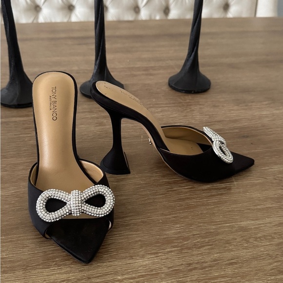 Tony Bianco Montana Mule Black Satin Open Pointed Toe Crystal Bow size 5 - Picture 2 of 8